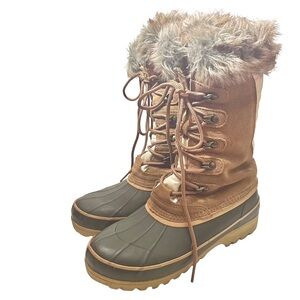Khombu Allie Duck Boots Winter Quilted Faux Fur Tan Cream Olive Women’s Size 8